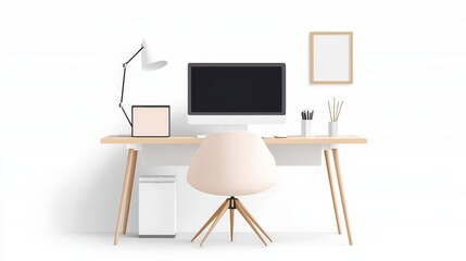Stylish remote workspace with Pantone Telecommuting hues. A clean desk setup with a computer, comfortable chair