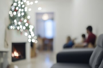 Abstract composition presents a beautifully blurred Christmas setting with a fireplace, wood mantelpiece, a lit Christmas tree illuminated by warm yellow and colorful lights, and candles