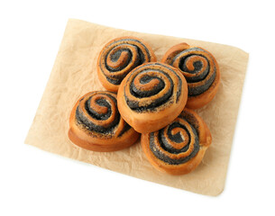 Tasty buns with poppy seeds isolated on white, top view