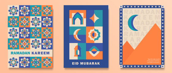 Set of trendy Ramadan Kareem greeting cards with retro colors of blue, teal, orange, beige. Posters with crescent moon, Islamic geometric patterns, mosque arch, Arabic lantern, "Eid Mubarak" greetings