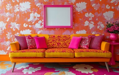 Vibrant orange living room, floral wallpaper, sofa, pink accents, interior design
