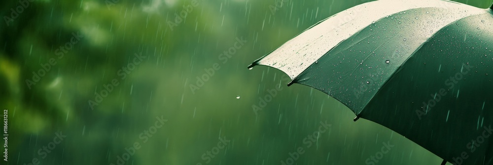 Aufkleber rain is falling on an umbrella during a summer storm in a green forest, providing protection from th