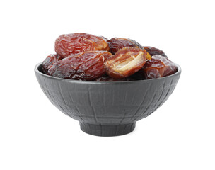 Tasty dried dates in bowl isolated on white