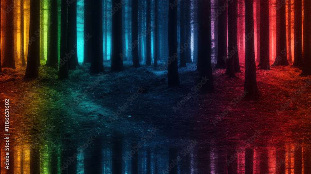 Poster seamless rainbow, grunge, vibrant forest scene illuminated with colorful light, creating a mystical 