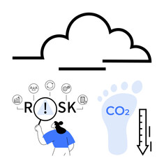 Cloud icon with a woman analyzing risks, a carbon footprint labeled CO2, and downward arrow. Ideal for sustainability, risk assessment, carbon reduction strategies, cloud computing, business