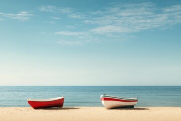 Fototapeta premium Coastal Serenity: Two small fishing boats, one red and one white, rest on a tranquil sandy beach under a clear blue sky. The scene evokes a sense of peace and serenity. 