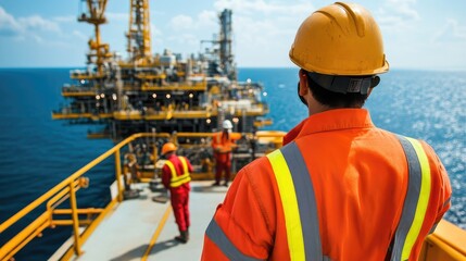 Offshore oil rig workers in safety gear overlooking a large platform in the ocean.