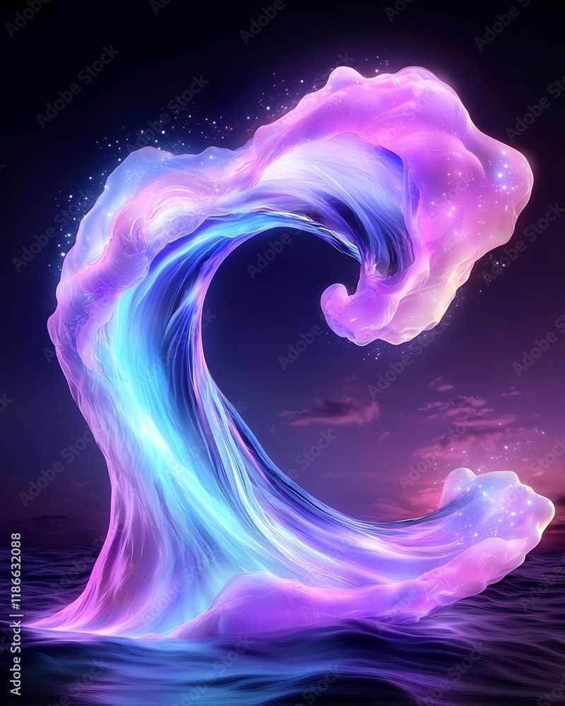 Poster mesmerizing quantum bioluminescent wave of prismatic iridescent light and digital distortions captiv
