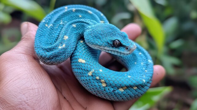 A vibrant blue green tree python coiled gently in a human hand, set against a blurred green background.