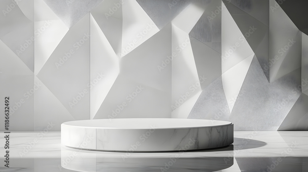 Poster elegant 3d white and gray cylinder stand podium with overlapping triangles perfect for product displ