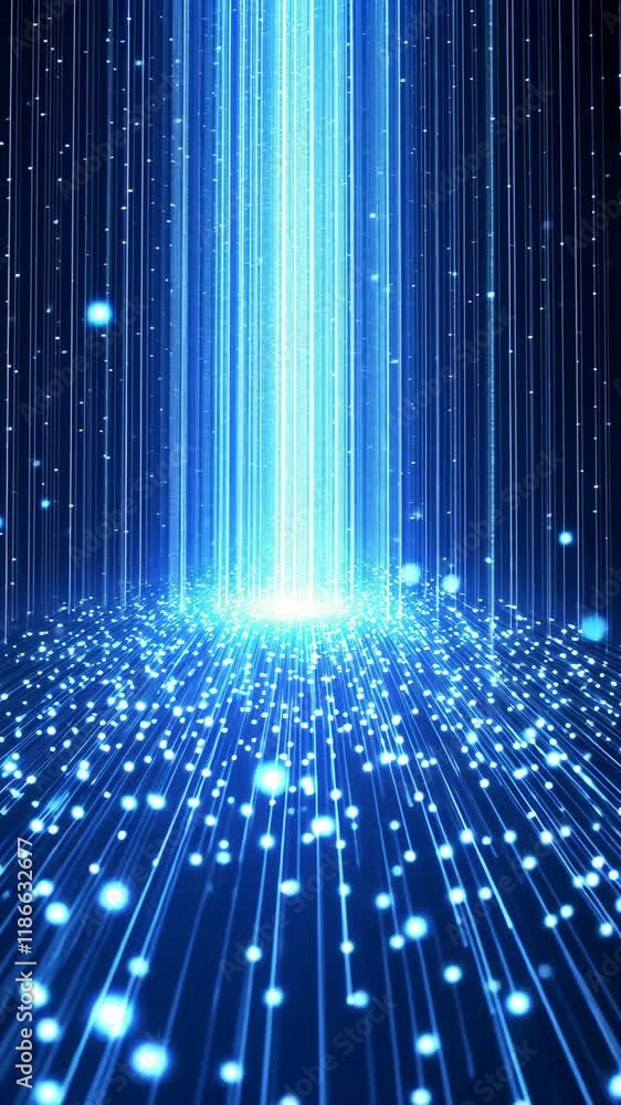 Poster bright blue light beams radiating from a central point with sparkling particles in a digital environ