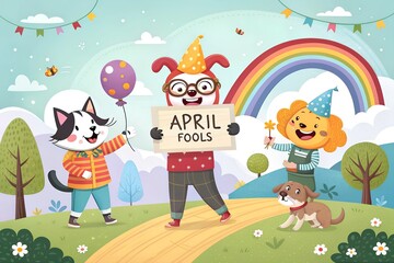 Obraz premium Clowns, a cat and a dog having fun on April Fool's Day
