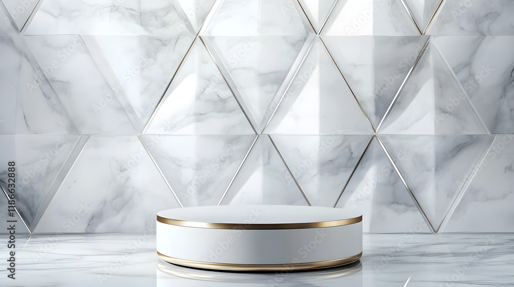 Poster elegant 3d white and gray cylinder stand podium with overlapping triangles perfect for product displ