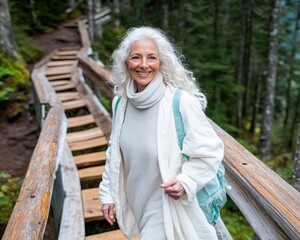 A joyful elder, radiating beauty and health, strolls along a peaceful forest trail, her radiant smile reflecting the serenity of nature This image captures the essence of healthy aging, outdoor