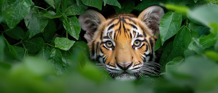 [Closeup tiger photo with distinctive markings in green foliage] Tiger's Fierce Gaze in Dense Jungle foliage, Eye Contact, Wildlife Photography