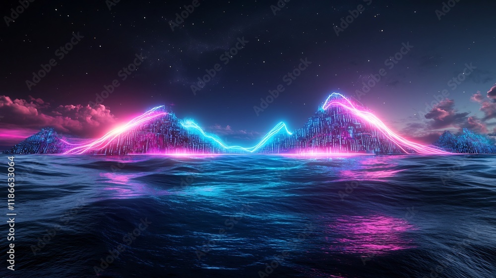 Poster mesmerizing abstract digital landscape with a captivating wave of vibrant neon lights futuristic arc