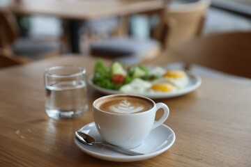 Delicious breakfast served on wooden table in cafe