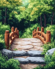 Obraz premium [Nature Retreats Sustainable Outdoor Rejuvenating] Serene Wooden Bridge Over Gentle Stream in Peaceful Woodland Scene