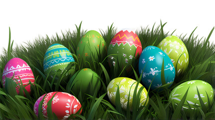 Obraz premium Colorful Easter Eggs Nestled in Green Grass: A vibrant collection of festively decorated Easter eggs nestled in a bed of lush green grass, radiating a cheerful and celebratory atmosphere. 