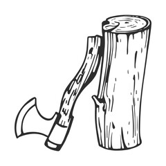 Wood log with axe. Hand drawn vector sketch illustration.