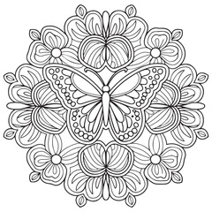 Butterfly and blooming flower hand drawn for adult coloring book