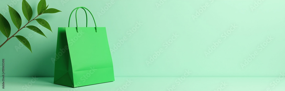 Poster green shopping bag with green plant leaves on a matching background provides ample space for text ov