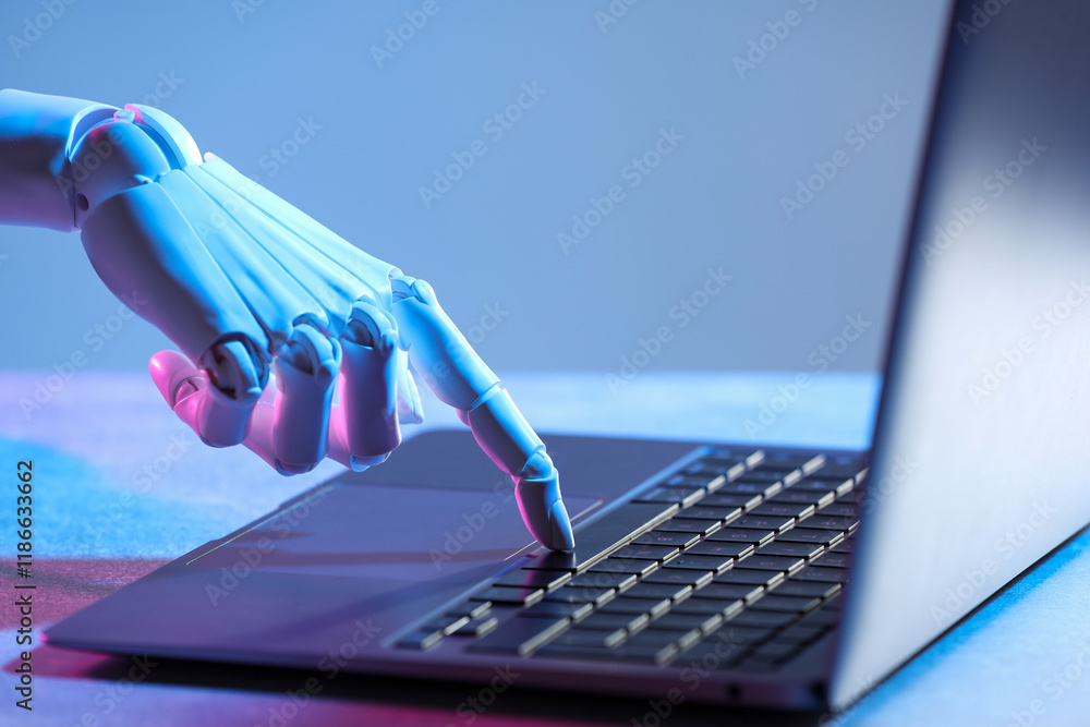 Poster artificial intelligence. robot hand using laptop on table in neon lights, closeup