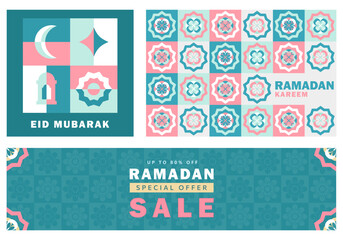 Set of Ramadan Kareem greeting cards in flat geometric style with crescent moon, lantern, mosque arches, ornamental patterns, and SALE text. Eid Mubarak modern banners in pink, turquoise, white, gold