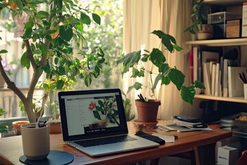 Fototapeta premium A cozy home office setup with a laptop, coffee cup, and a plant