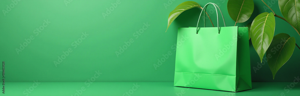Poster green shopping bag with green plant leaves on a matching background provides ample space for text ov