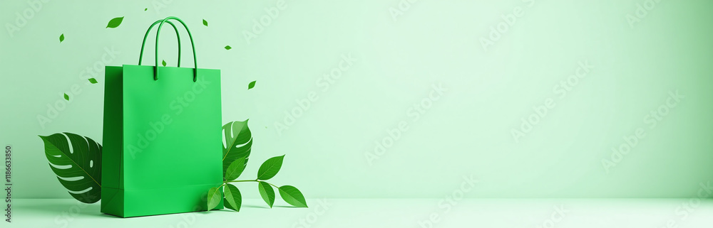 Poster green shopping bag with green plant leaves on a matching background provides ample space for text ov