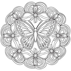 Butterfly and blooming flower hand drawn for adult coloring book