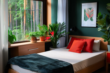 A bedroom with a bed, a window, and a green wall