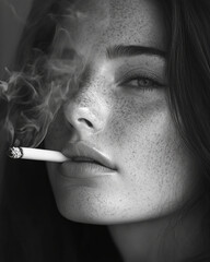 Obraz premium Stunning close-up of a young woman with freckles smoking a cigarette while contemplating indoors in soft light