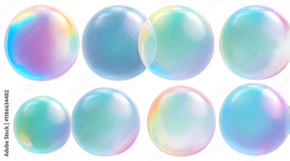Poster iridescent bubbles: a set of eight iridescent soap bubbles, captured in various angles and states of