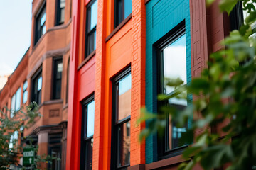 Obraz premium A row of colorful buildings with green leaves on the side