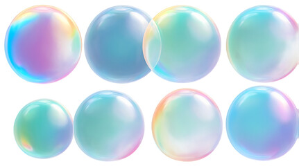 Iridescent Bubbles: A set of eight iridescent soap bubbles, captured in various angles and states of inflation, creating a whimsical and playful visual.