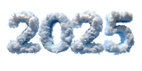 blue sky with clouds new happy new year 2025 text effect isolated on white background