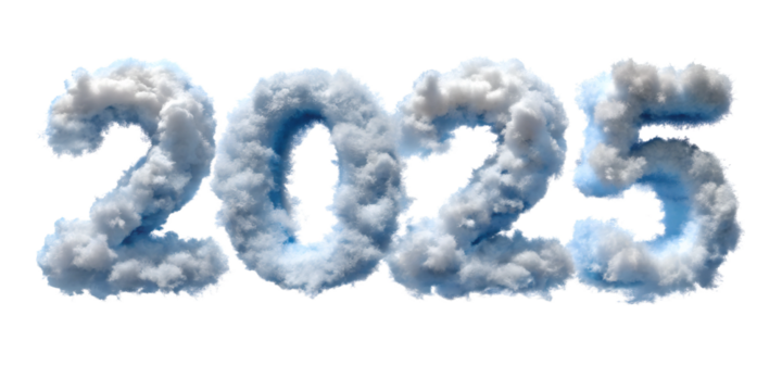 blue sky with clouds new happy new year 2025 text effect isolated on white background