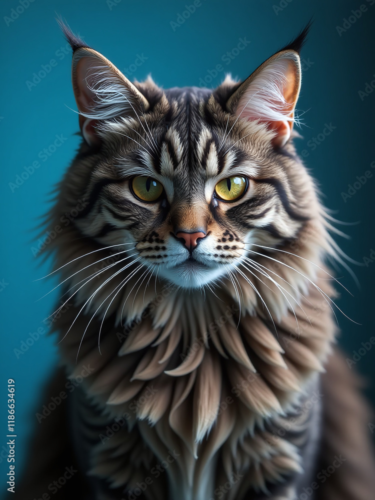 Poster Gray Maine Coon Cat With Furious Expression Photographed Against A Blue Background Using Artificial Intelligence Generative Capabilities. 00003