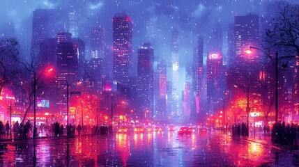 A bustling modern city center with skyscrapers, vibrant storefronts, and busy pedestrian walkways illuminated by bright streetlights.