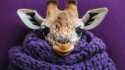 Obraz premium Adorable baby giraffe snuggled in a cozy purple knitted scarf against a rich purple background. Perfect for winter or autumn themes.