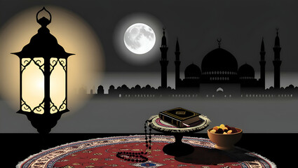 Islamic Religious Book with Lantern on Carpet Against Mosque Silhouette, Ramadan Kareem, Eid ul Fitr, Islamic Celebration, Muslim's Celebration Evening, Islamic Month, Ramadan Background.