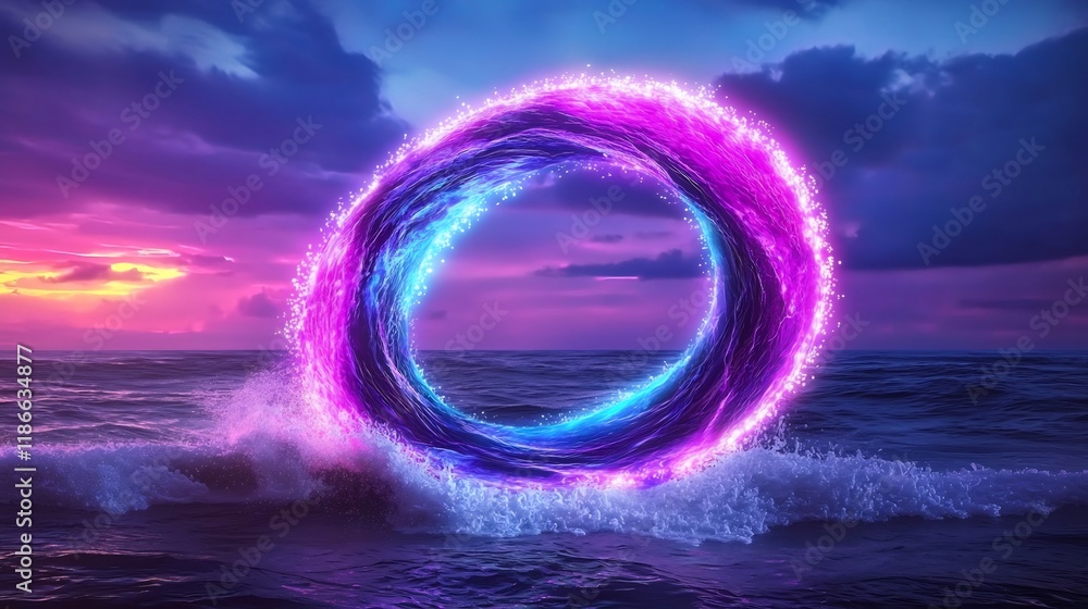 Poster captivating cosmic vortex of shimmering iridescent light with ethereal prismatic refractions pulsing