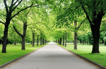 Fototapeta premium A serene morning scene in a park features green trees and abundant foliage, merging into a vibrant, abstract nature background