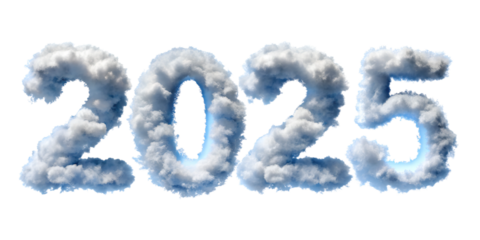 blue sky with clouds new happy new year 2025 text effect isolated on white background