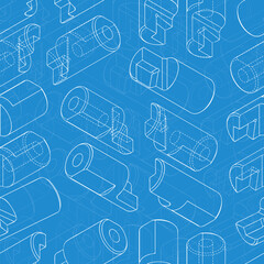 Mechanical engineering drawings on blue background. Cutter, assembly tool with replaceable multi-faceted plate. Technical Design. Cover. Blueprint. Vector illustration.