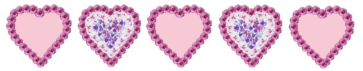 Set of flower hearts side by side.