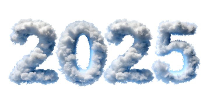 blue sky with clouds new happy new year 2025 text effect isolated on white background