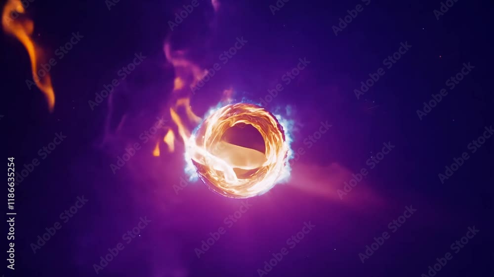 Poster the camera circles a flaming object falling through a dark, empty space, back lit, surreal, abstract